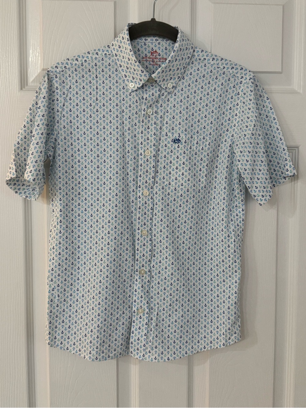 Button-Down Short Sleeve Shirt - Blue Anchor Print - Boys